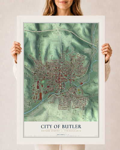 Map of the City of Butler, Butler County, Pennsylvania, 24 x 36 inch print in a white wood frame