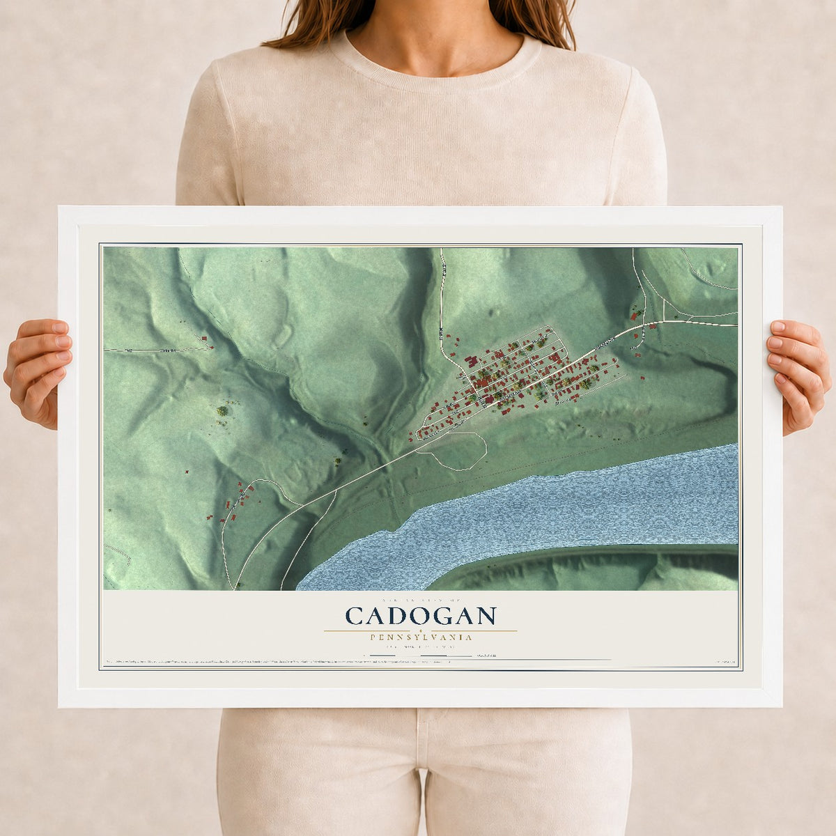 Map of Cadogan, Pennsylvania, 12 x 18 inch print in a white wood frame