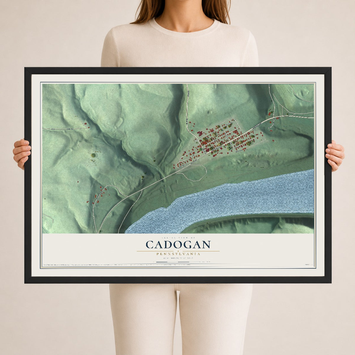 Map of Cadogan, Pennsylvania, 24 x 36 inch print in a black wood frame