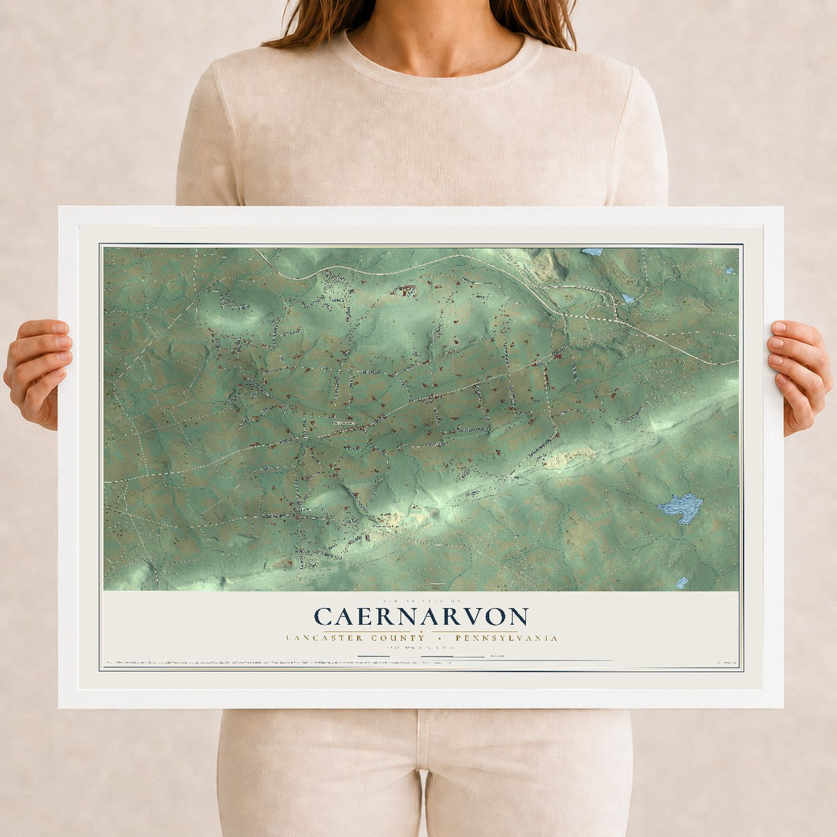 Map of Caernarvon, Lancaster County, Pennsylvania, 12 x 18 inch print in a white wood frame