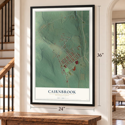 Cairnbrook, Pennsylvania map, 24 x 36 inch print in a black frame by a staircase