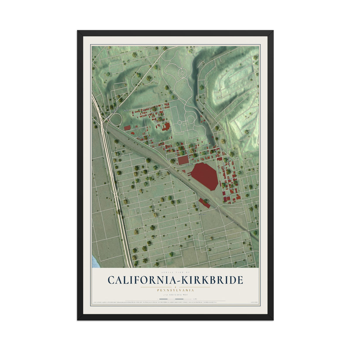 Map of California-Kirkbride, Pennsylvania, 12 x 18 inch print in a black wood frame