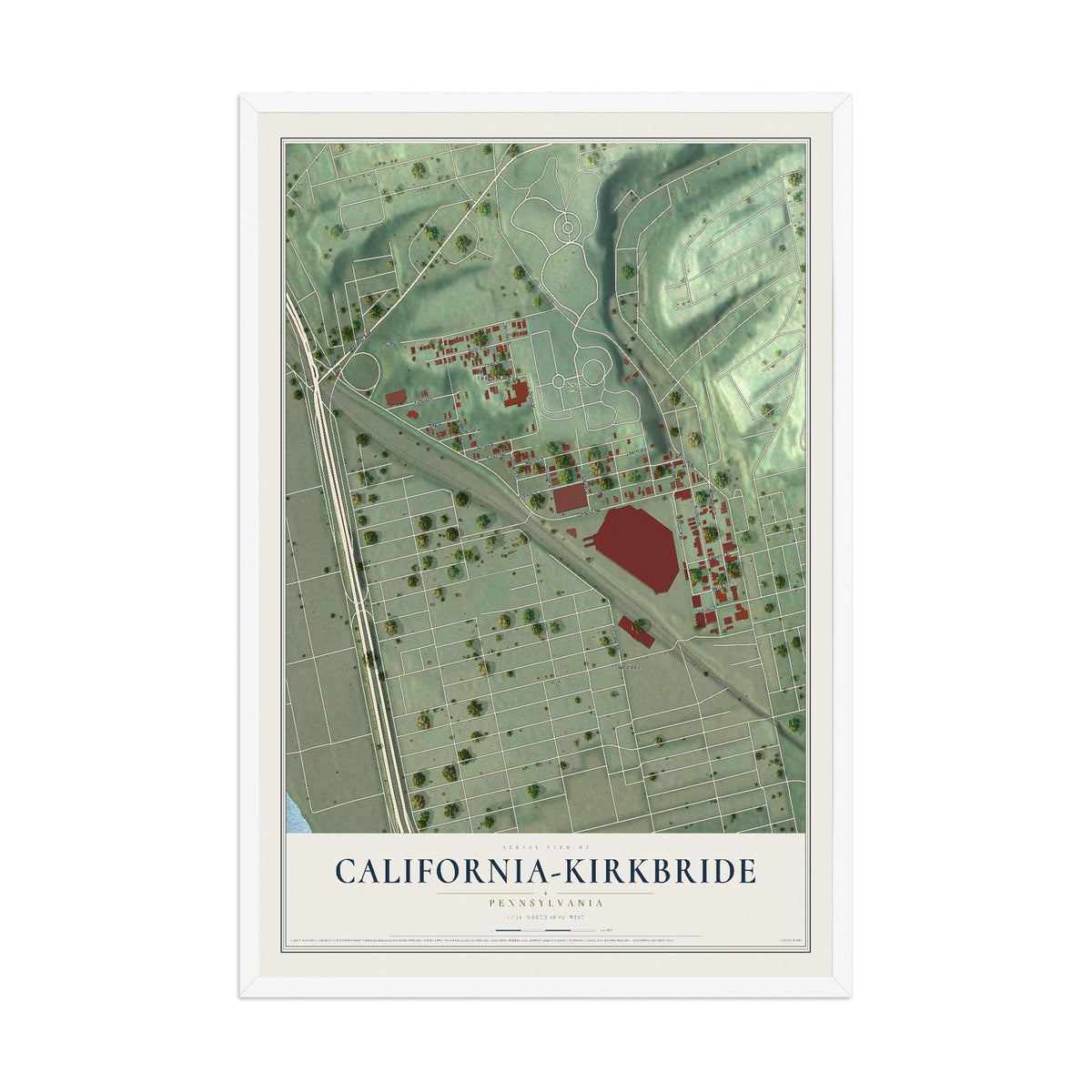 Map of California-Kirkbride, Pennsylvania, 12 x 18 inch print in a white wood frame