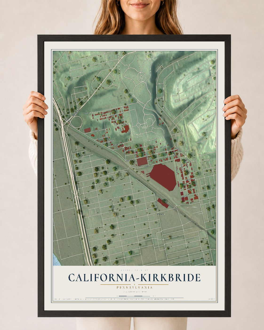 Map of California-Kirkbride, Pennsylvania, 24 x 36 inch print in a black wood frame
