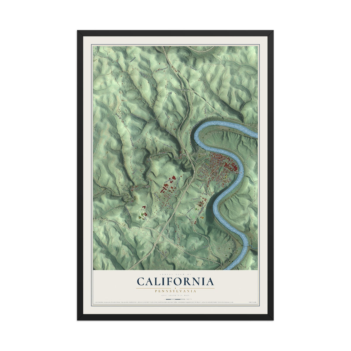 Map of California, Pennsylvania, 12 x 18 inch print in a black wood frame