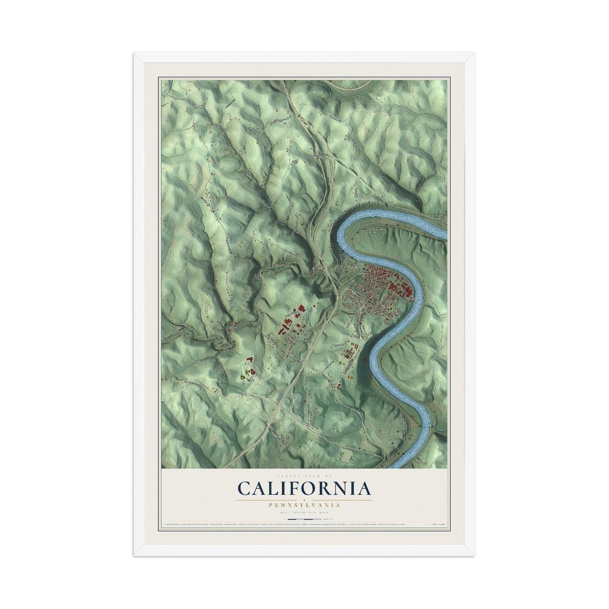 Map of California, Pennsylvania, 12 x 18 inch print in a white wood frame