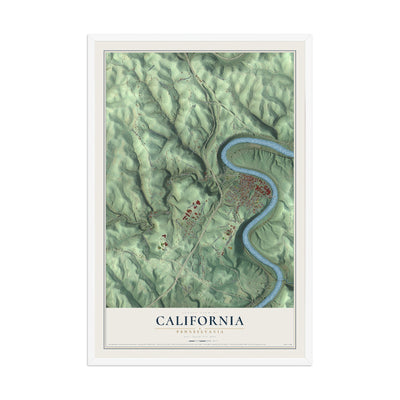 Map of California, Pennsylvania, 12 x 18 inch print in a white wood frame