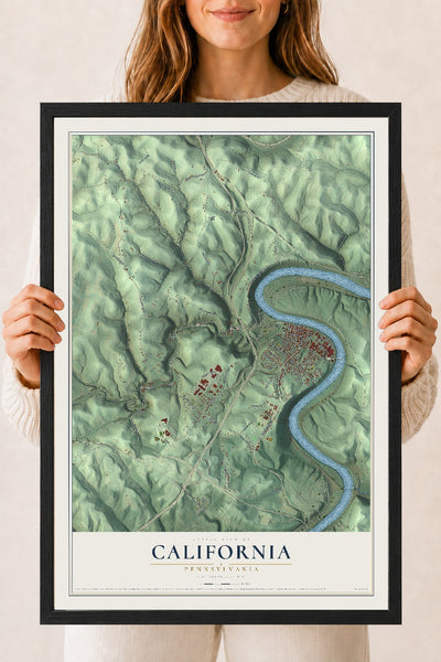 Map of California, Pennsylvania, 18 x 24 inch print in a black wood frame