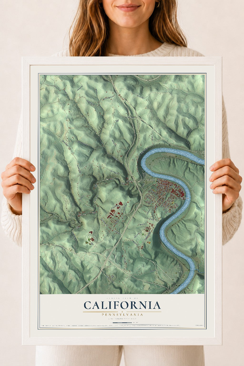 Map of California, Pennsylvania, 18 x 24 inch print in a white wood frame
