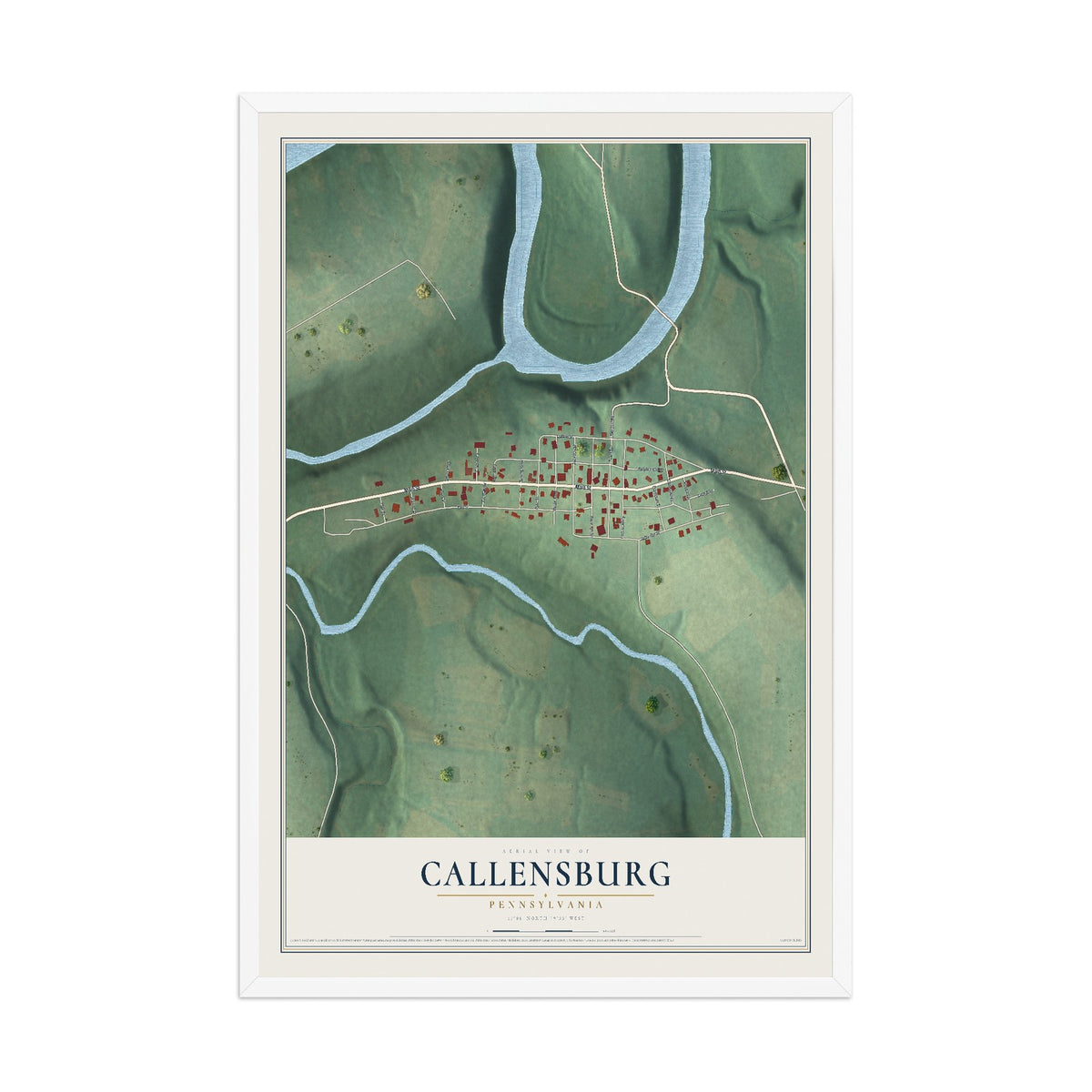 Map of Callensburg, Pennsylvania, 12 x 18 inch print in a white wood frame