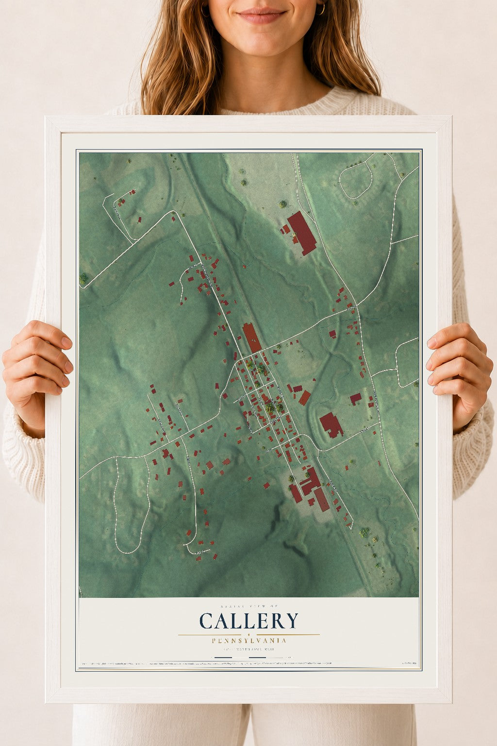 Map of Callery, Pennsylvania, 18 x 24 inch print in a white wood frame