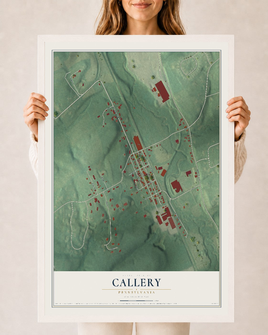 Map of Callery, Pennsylvania, 24 x 36 inch print in a white wood frame