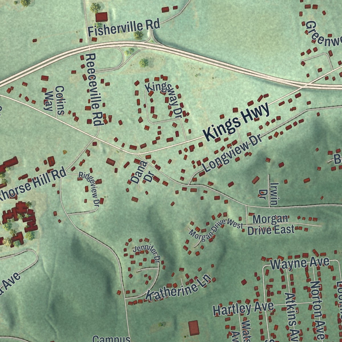Second close-up of the map of Caln, Pennsylvania print showing more streets and buildings