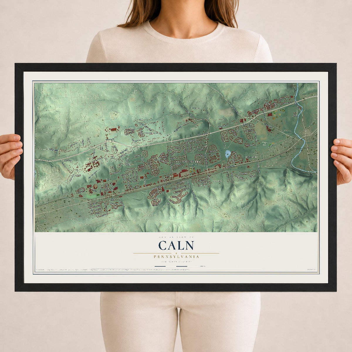 Map of Caln, Pennsylvania, 18 x 24 inch print in a black wood frame