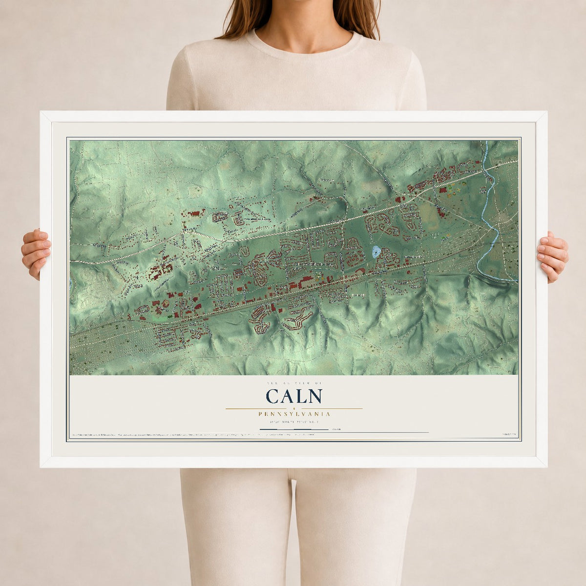 Map of Caln, Pennsylvania, 24 x 36 inch print in a white wood frame
