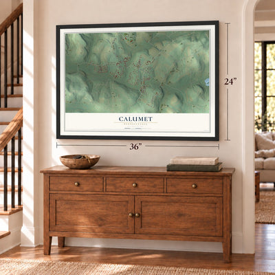 Calumet, Pennsylvania map, 24 x 36 inch print in a black frame above a dresser by a staircase