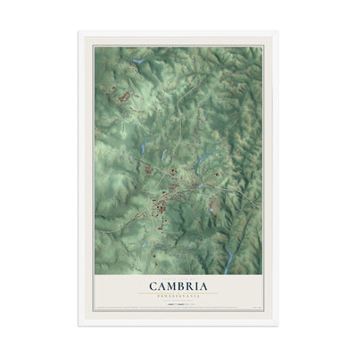 Map of Cambria, Pennsylvania, 12 x 18 inch print in a white wood frame