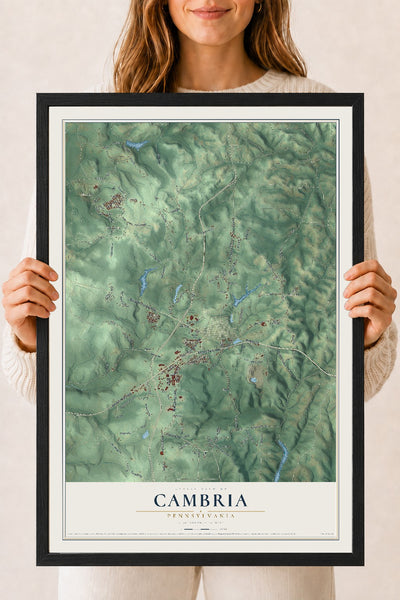 Map of Cambria, Pennsylvania, 18 x 24 inch print in a black wood frame
