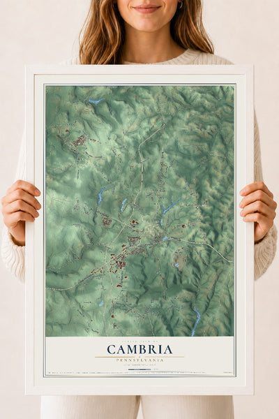 Map of Cambria, Pennsylvania, 18 x 24 inch print in a white wood frame