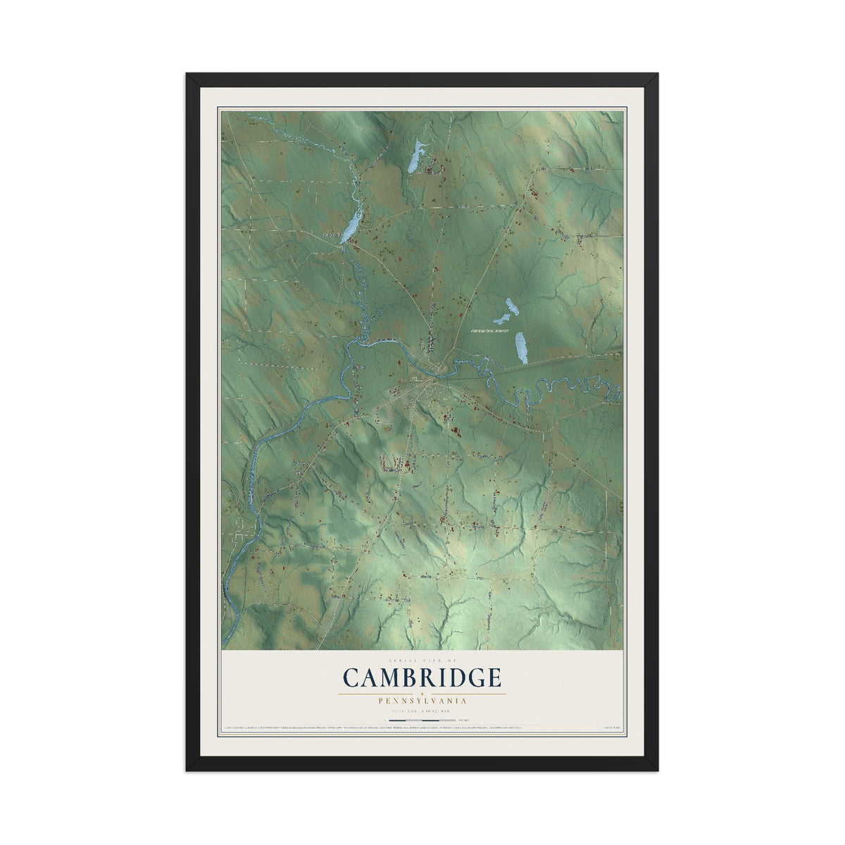 Map of Cambridge, Pennsylvania, 12 x 18 inch print in a black wood frame