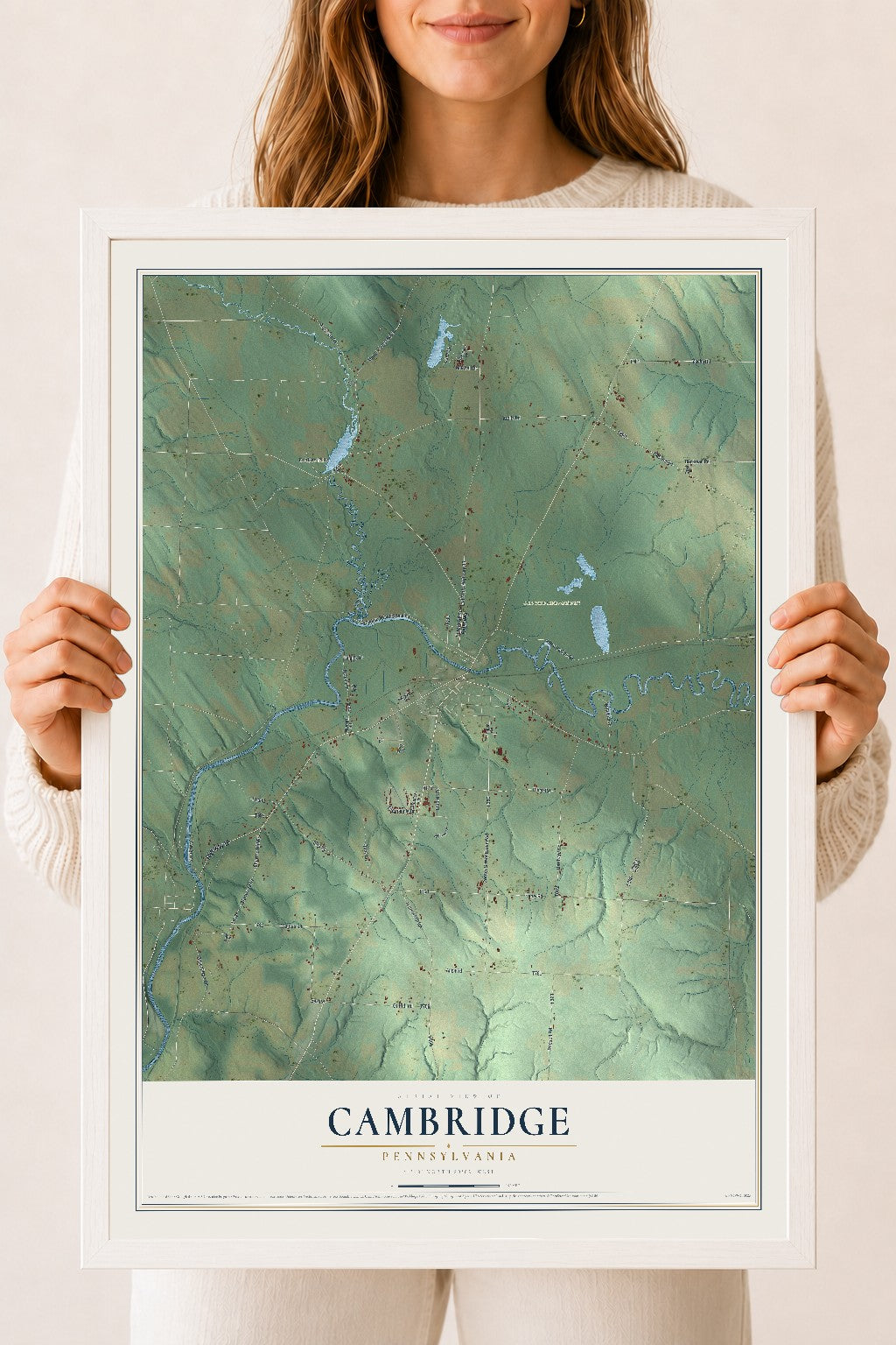 Map of Cambridge, Pennsylvania, 18 x 24 inch print in a white wood frame