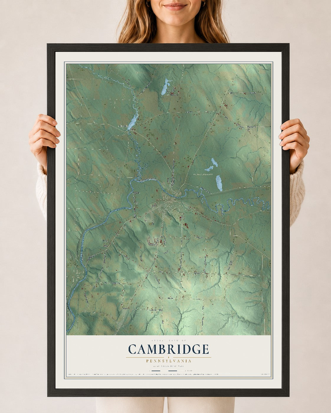 Map of Cambridge, Pennsylvania, 24 x 36 inch print in a black wood frame