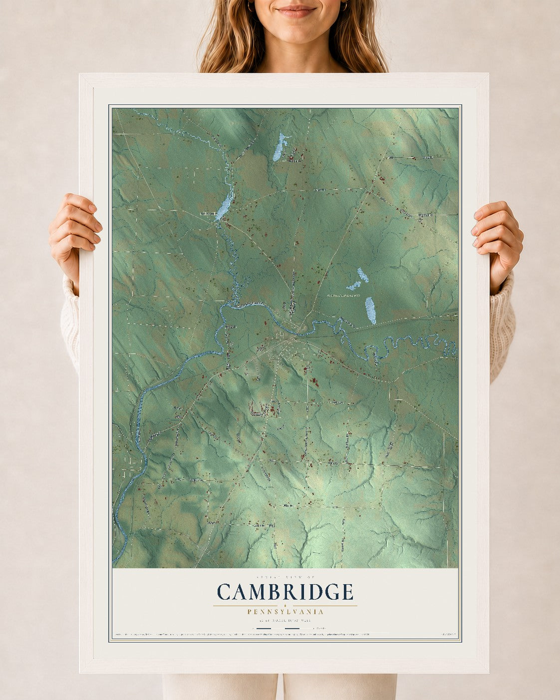 Map of Cambridge, Pennsylvania, 24 x 36 inch print in a white wood frame