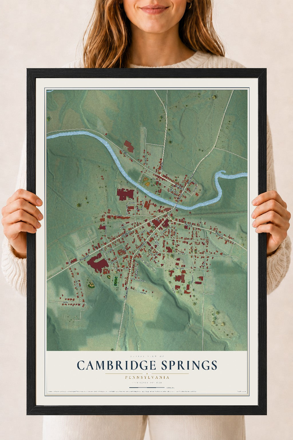 Map of Cambridge Springs, Pennsylvania, 18 x 24 inch print in a black wood frame