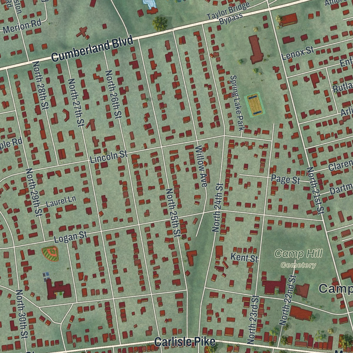 Close-up of the map of Camp Hill, Pennsylvania print showing street and building detail