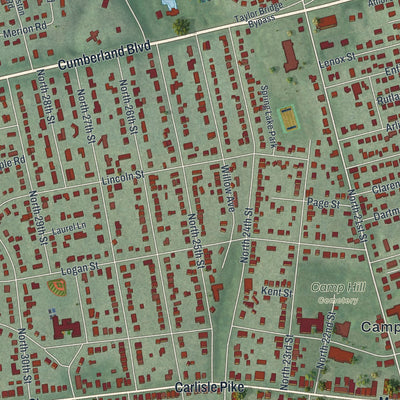 Close-up of the map of Camp Hill, Pennsylvania print showing street and building detail