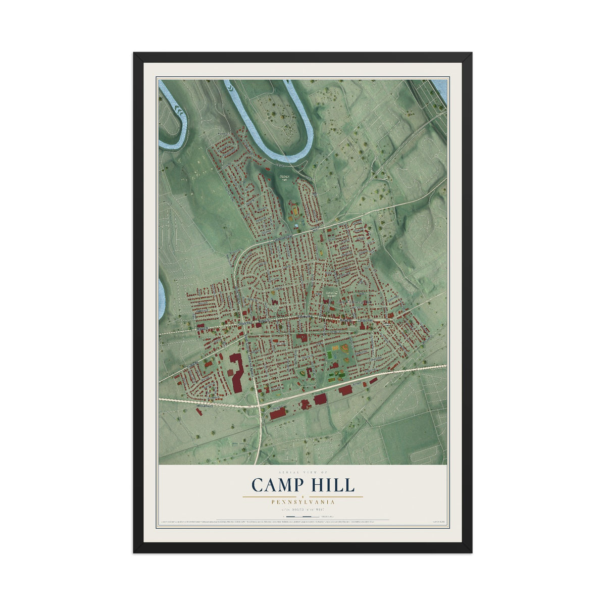 Map of Camp Hill, Pennsylvania, 12 x 18 inch print in a black wood frame
