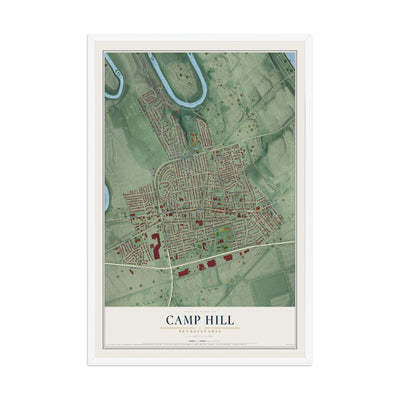 Map of Camp Hill, Pennsylvania, 12 x 18 inch print in a white wood frame