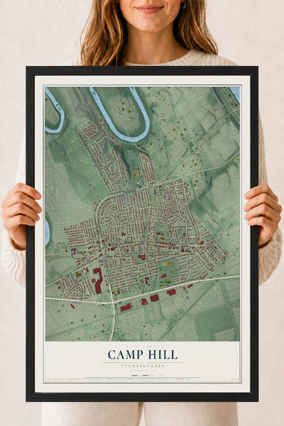 Map of Camp Hill, Pennsylvania, 18 x 24 inch print in a black wood frame