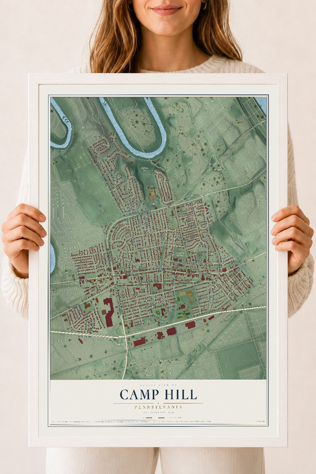 Map of Camp Hill, Pennsylvania, 18 x 24 inch print in a white wood frame