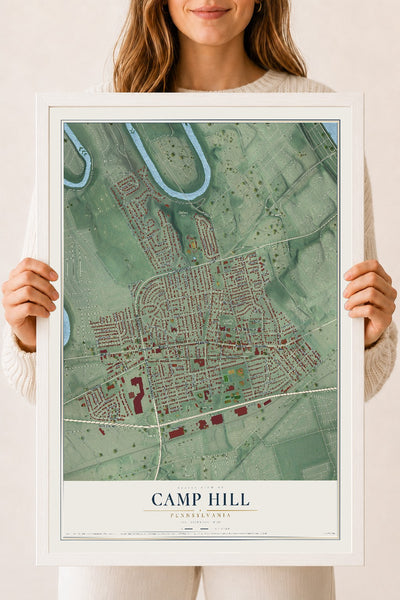 Map of Camp Hill, Pennsylvania, 18 x 24 inch print in a white wood frame