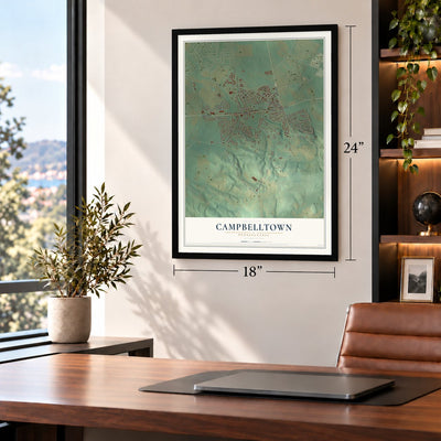 Campbelltown, Pennsylvania map, 18 x 24 inch print in a black frame in a home office