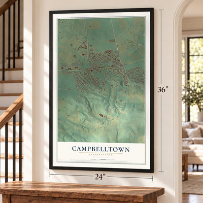 Campbelltown, Pennsylvania map, 24 x 36 inch print in a black frame by a staircase