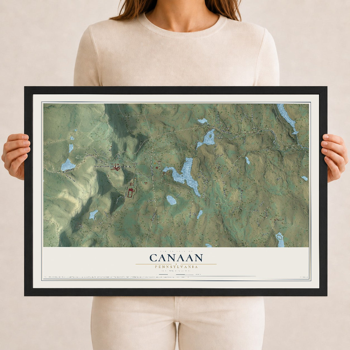 Map of Canaan, Pennsylvania, 12 x 18 inch print in a black wood frame