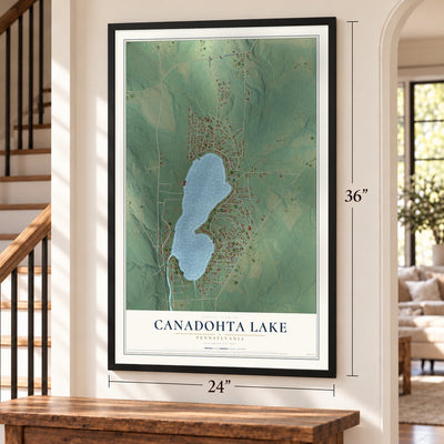 Canadohta Lake, Pennsylvania map, 24 x 36 inch print in a black frame by a staircase