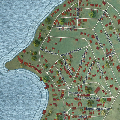 Close-up of the map of Canadohta Lake, Pennsylvania print showing street and building detail