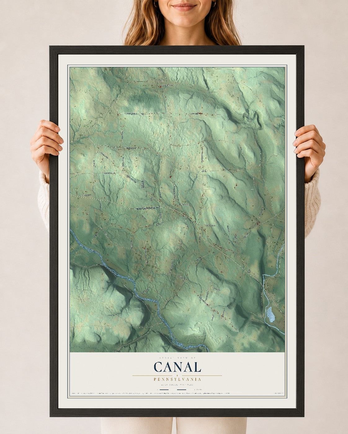 Map of Canal, Pennsylvania, 24 x 36 inch print in a black wood frame