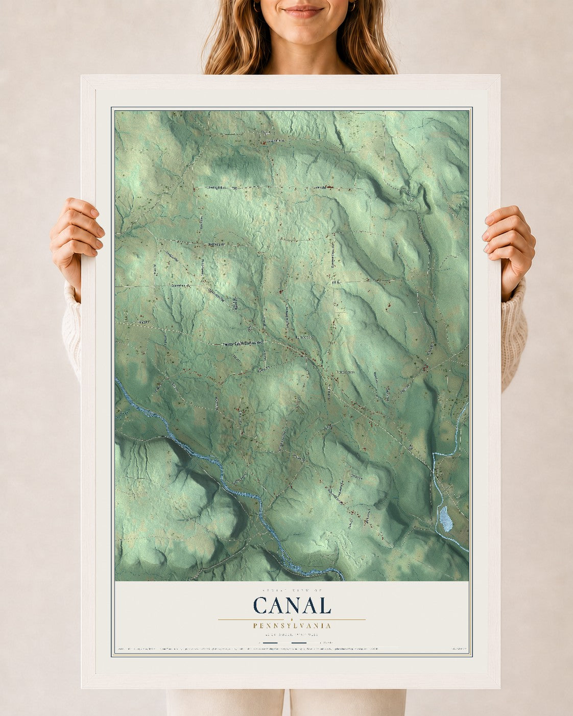 Map of Canal, Pennsylvania, 24 x 36 inch print in a white wood frame