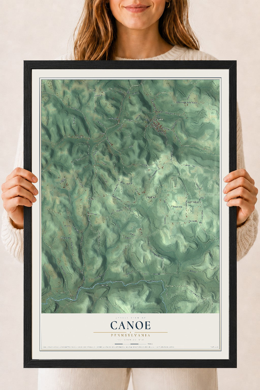 Map of Canoe, Pennsylvania, 18 x 24 inch print in a black wood frame