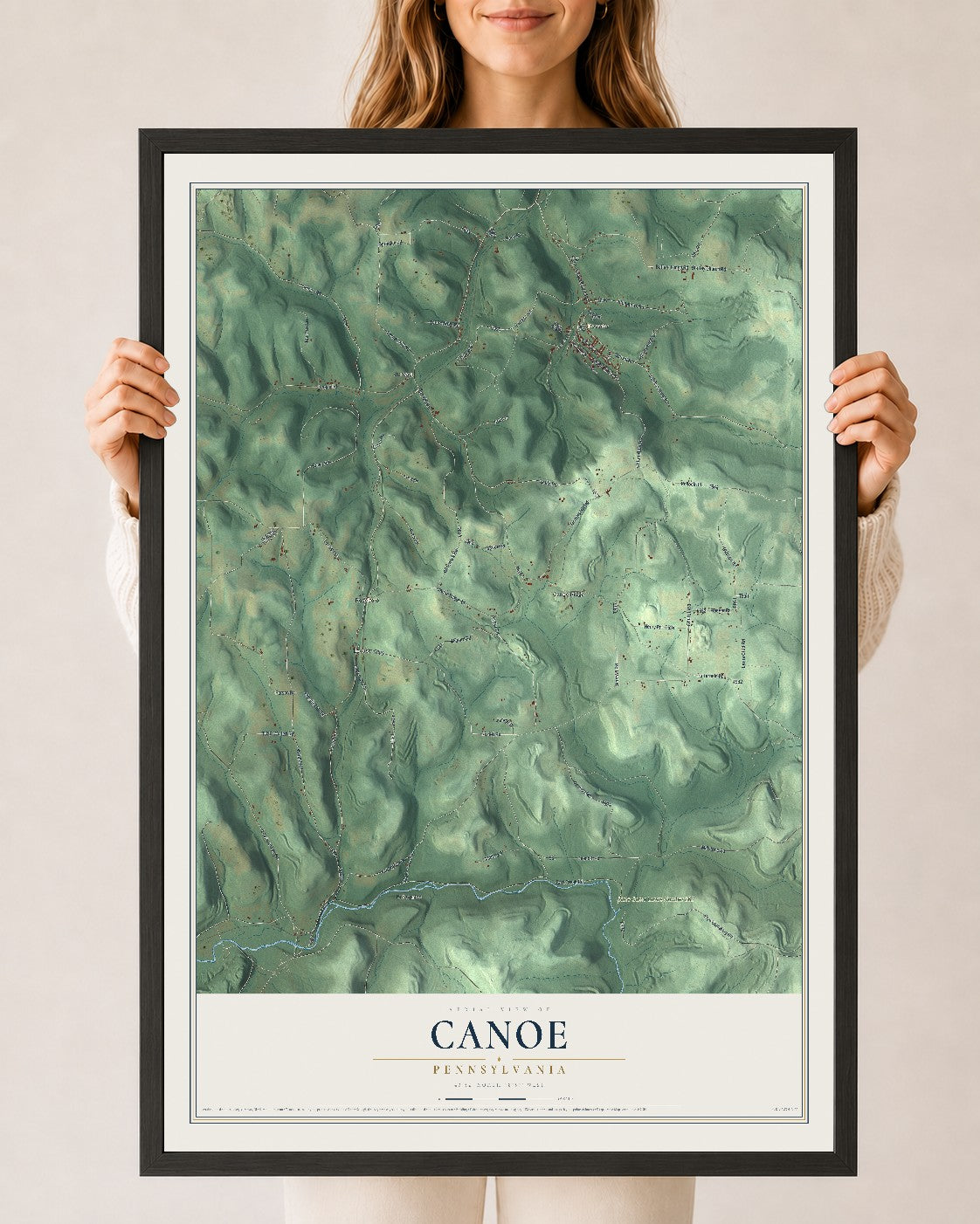 Map of Canoe, Pennsylvania, 24 x 36 inch print in a black wood frame
