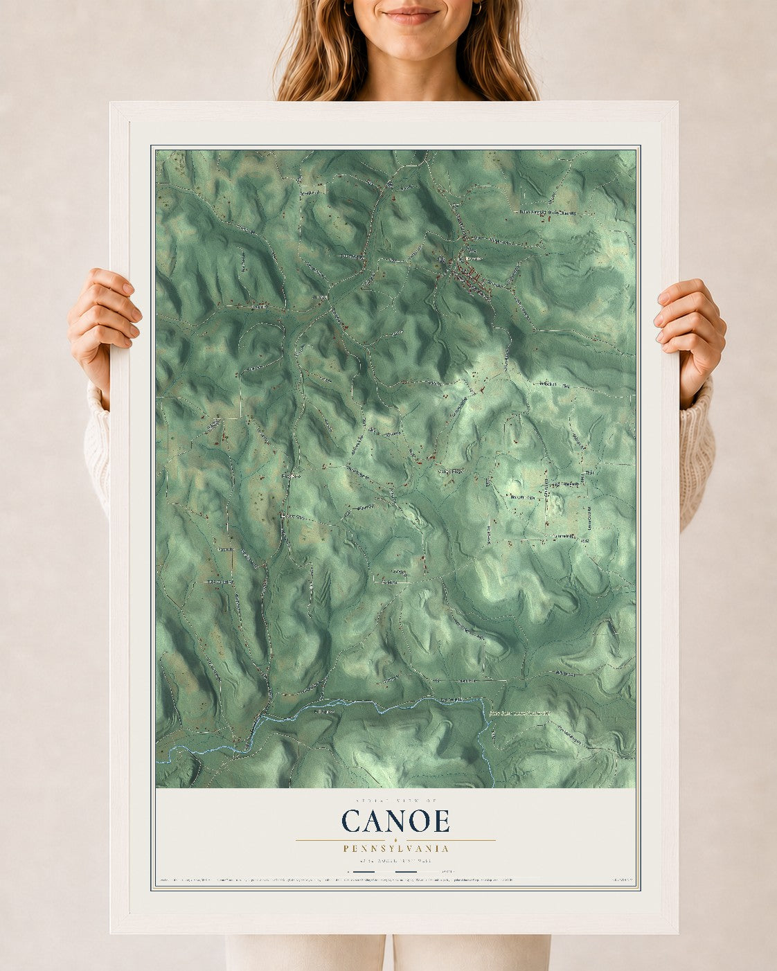 Map of Canoe, Pennsylvania, 24 x 36 inch print in a white wood frame