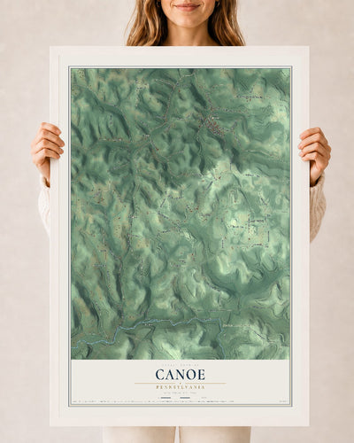 Map of Canoe, Pennsylvania, 24 x 36 inch print in a white wood frame