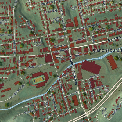 Second close-up of the map of Canonsburg, Pennsylvania print showing more streets and buildings