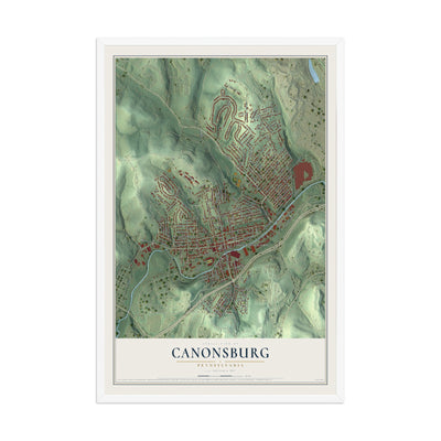 Map of Canonsburg, Pennsylvania, 12 x 18 inch print in a white wood frame