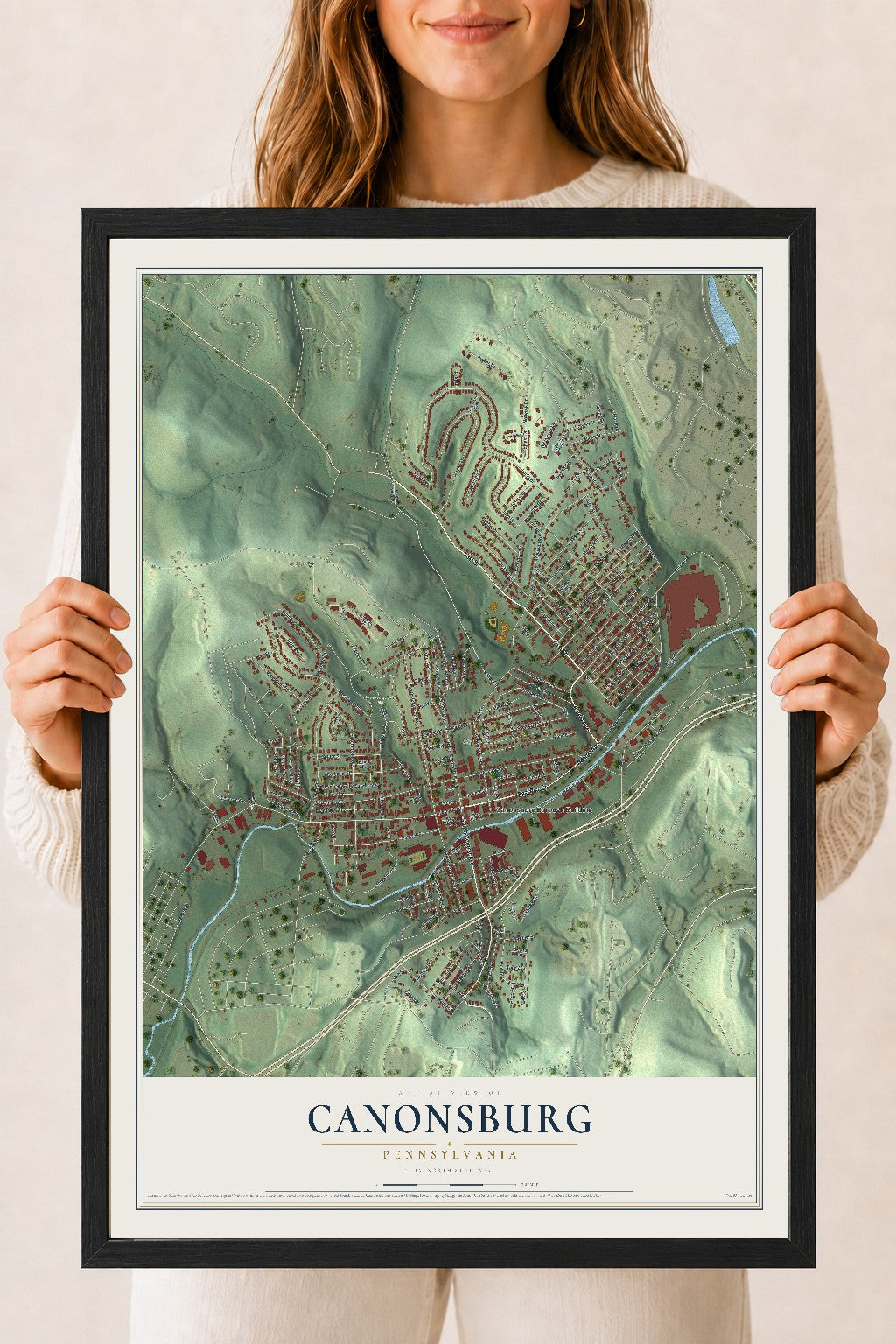Map of Canonsburg, Pennsylvania, 18 x 24 inch print in a black wood frame