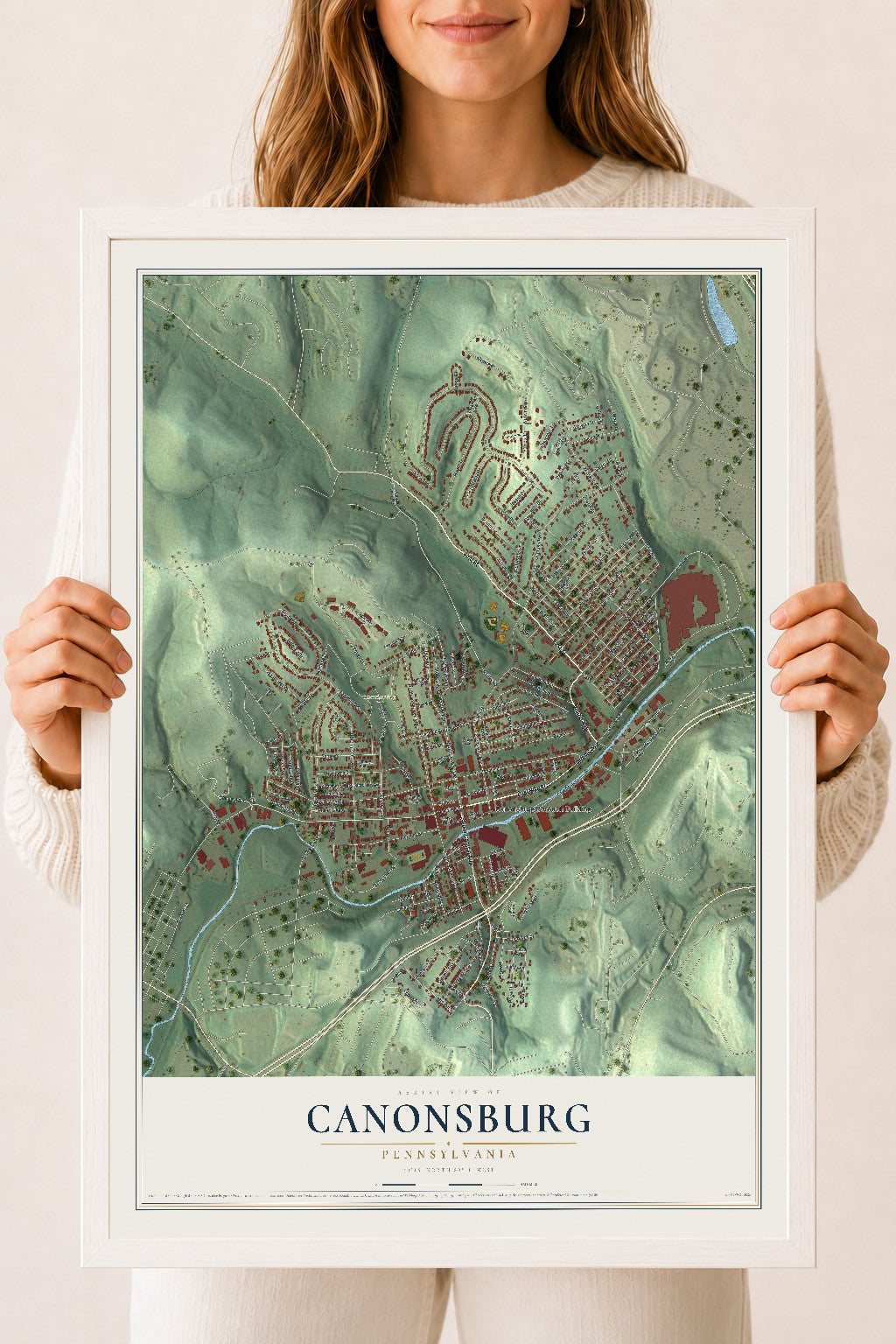 Map of Canonsburg, Pennsylvania, 18 x 24 inch print in a white wood frame
